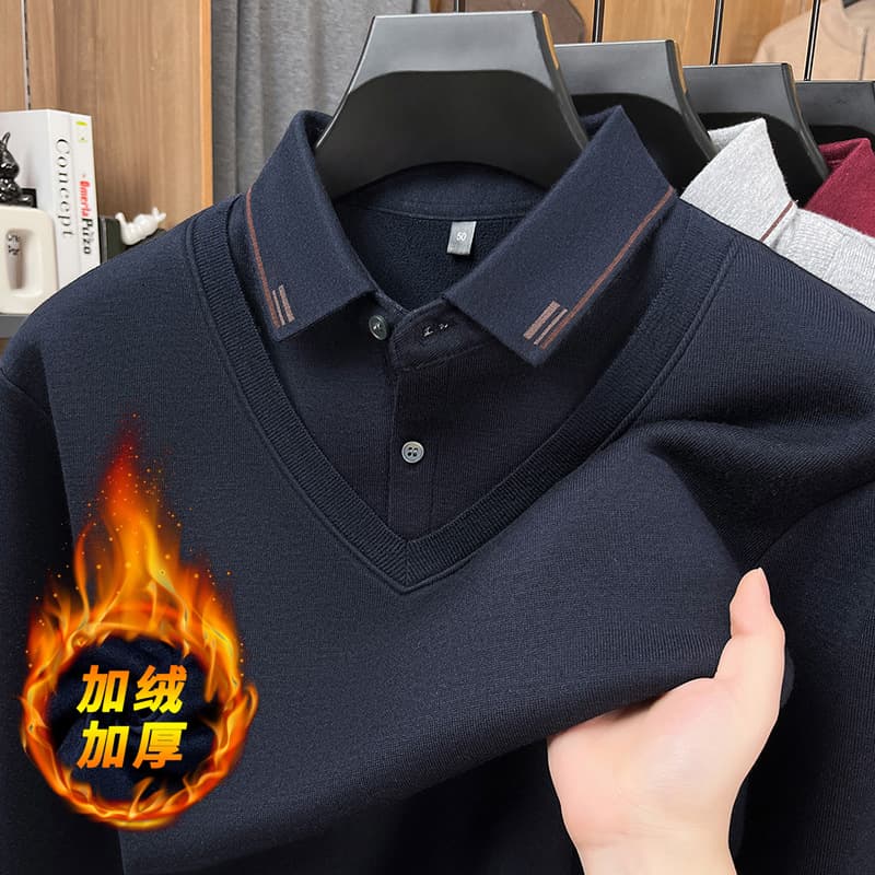 Cross-border Wool Sweater Men's Winter Thermal Fleece-Lined Middle-Aged & Elderly Two-Layer Casual Relaxed Fit Warm Base Layer Top