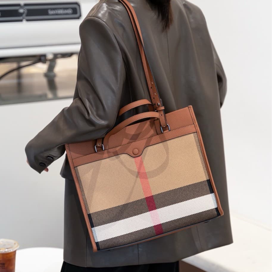 Plaid fabric with first-layer cowhide tote bag, large-capacity women's bag, commuting versatile office handbag, shoulder bag