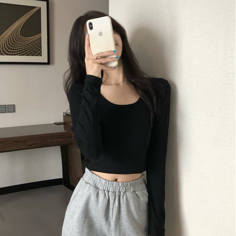 Cropped Base Layer T-Shirt for Women, Spring 2024 New Style, Belly-Baring Slim Fit Hot Girl Long Sleeve Top