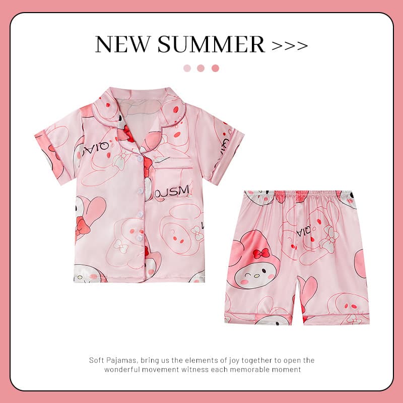 Girls' Summer Short-Sleeve Ice Silk Pajamas, Sweet and Cute Thin Style, Little Girls' Homewear Set