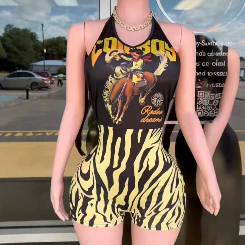 European and American Sexy Babe Printed Bodysuit Women's High Elasticity Slim Fit Sleeveless Tight Shorts Street Fashion Jumpsuit