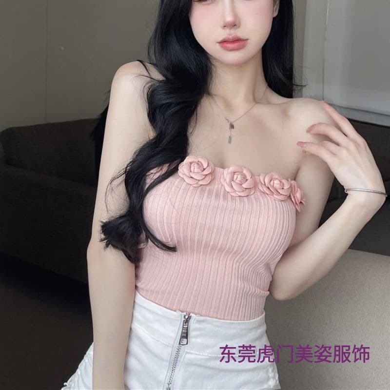 Sexy 3D Floral Knit Camisole Top for Women Summer Tight Strapless Crop Top Layering Undershirt Outerwear