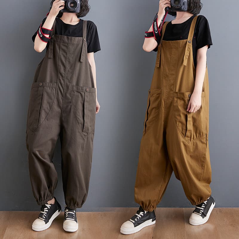 6528 real shot loose literary versatile casual overalls spring new solid color large pocket workwear harem pants