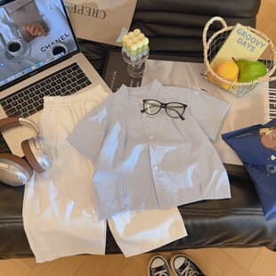 Kids Summer Shirt Set, Simple Striped Short-Sleeve Shirt and Long Pants for Boys and Girls, Fresh Style