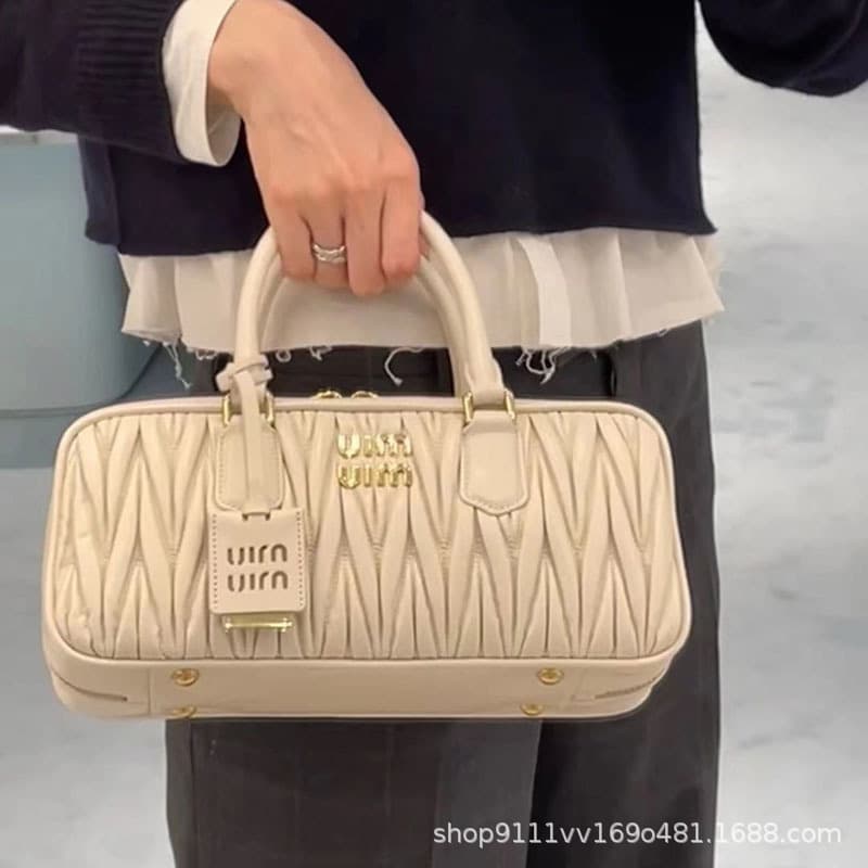 Miu Miu New Pleated Bowling Bag Premium Boston Handbag Casual Versatile Shoulder Crossbody Bag