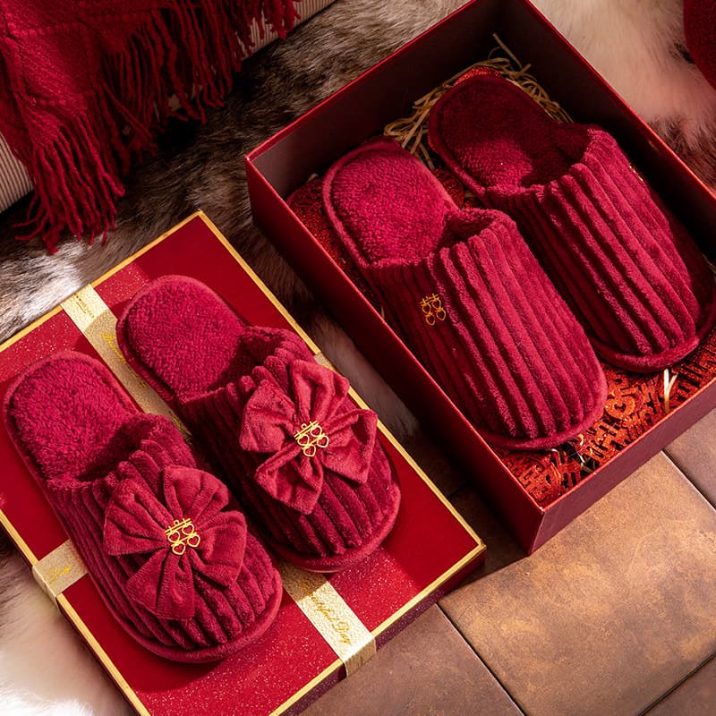 Wedding Slippers Festive Red Pair Winter Warm Non-Slip Bride Groom Wedding Couple Slippers