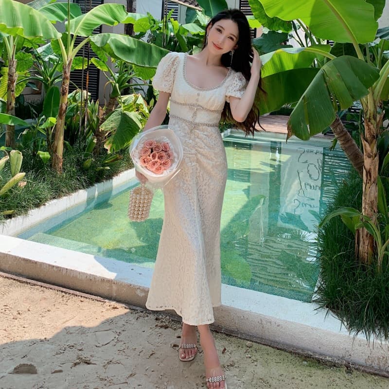 New Summer Ivory White Lace Puff Sleeve Bow Rhinestone Sexy Deep Round Neck Long Dress Fishtail Skirt