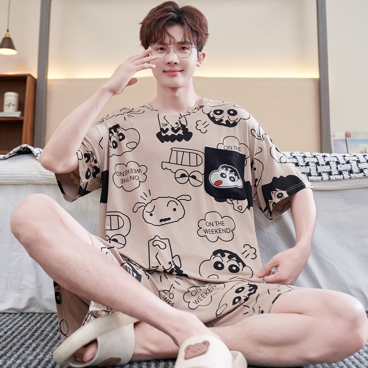 Summer Pajamas for Men Plus Size Ice Silk Modal Youth Cartoon Short Sleeve 2026 Model Set Homewear