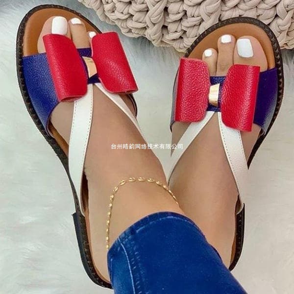 European and American cross-border large size women's shoes summer new style flat bottom color matching bow ladies sandals and slippers large size foreign trade women's shoes