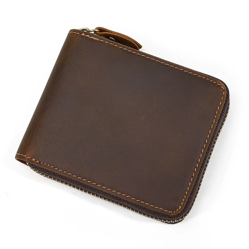 Men's Genuine Leather Short Wallet Crazy Horse Leather Zipper Wallet Simple Compact Card Holder Personality Coin Purse