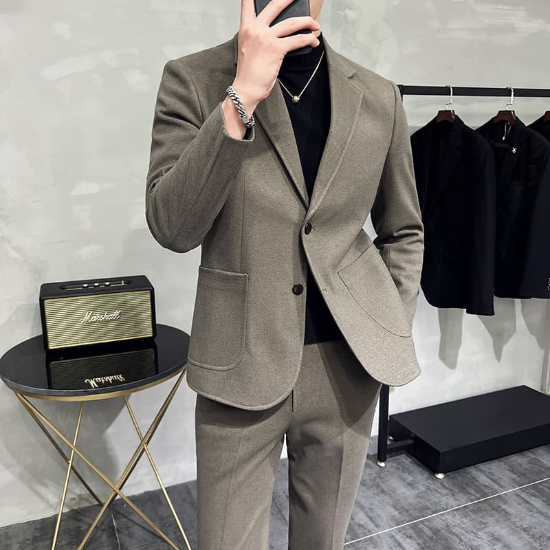 Men's Suit Set 2025 Autumn/Winter Thick Wool Casual Fashion Suit Korean Slim Fit Two-Piece Suit
