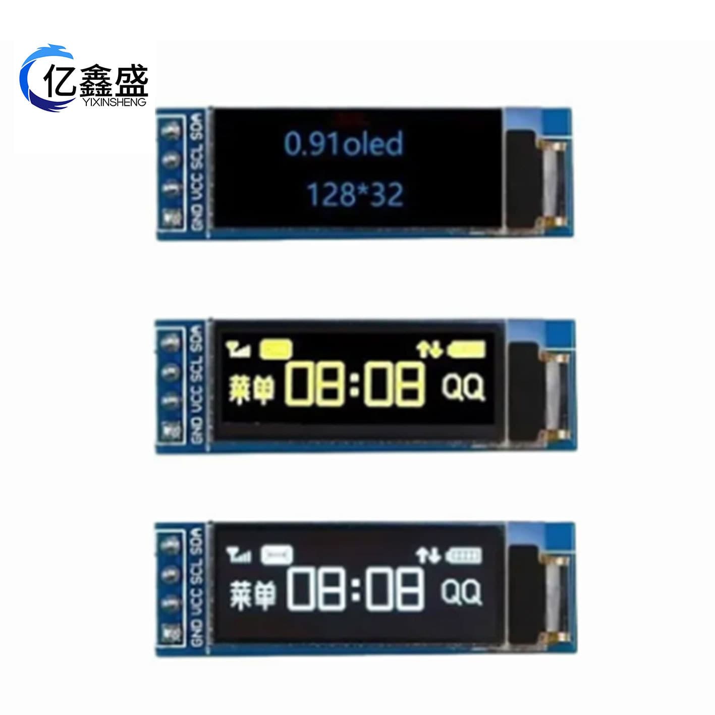 0.91-inch OLED module, IIC interface, 128x32 SSD, 1306MB, compatible with 3.3V/5V, white/blue.