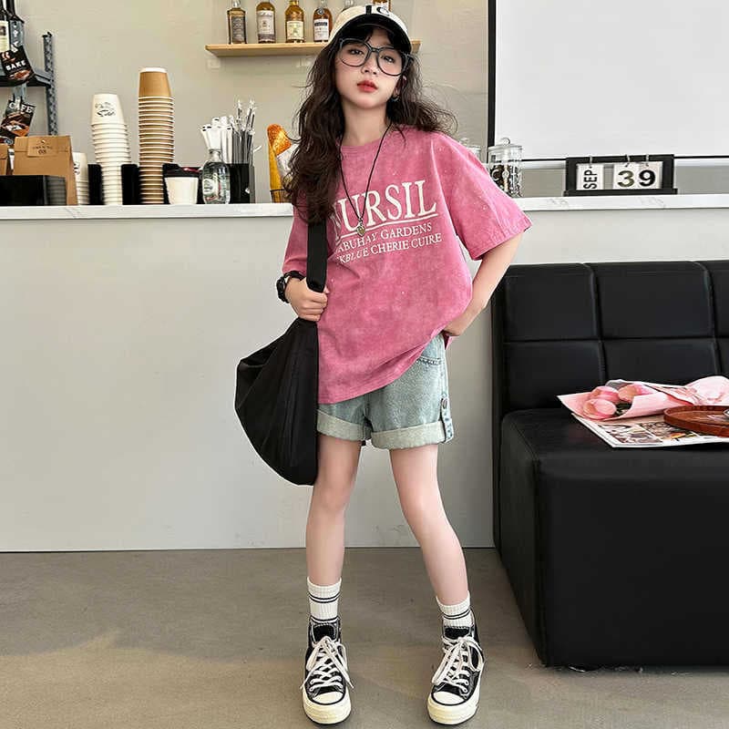 Girls' Short-Sleeved T-Shirt, Cotton, Summer Western Style, Girls' Mid-Big Kids' Half-Sleeve Round Neck Printed Top, Summer Ins Fashionable