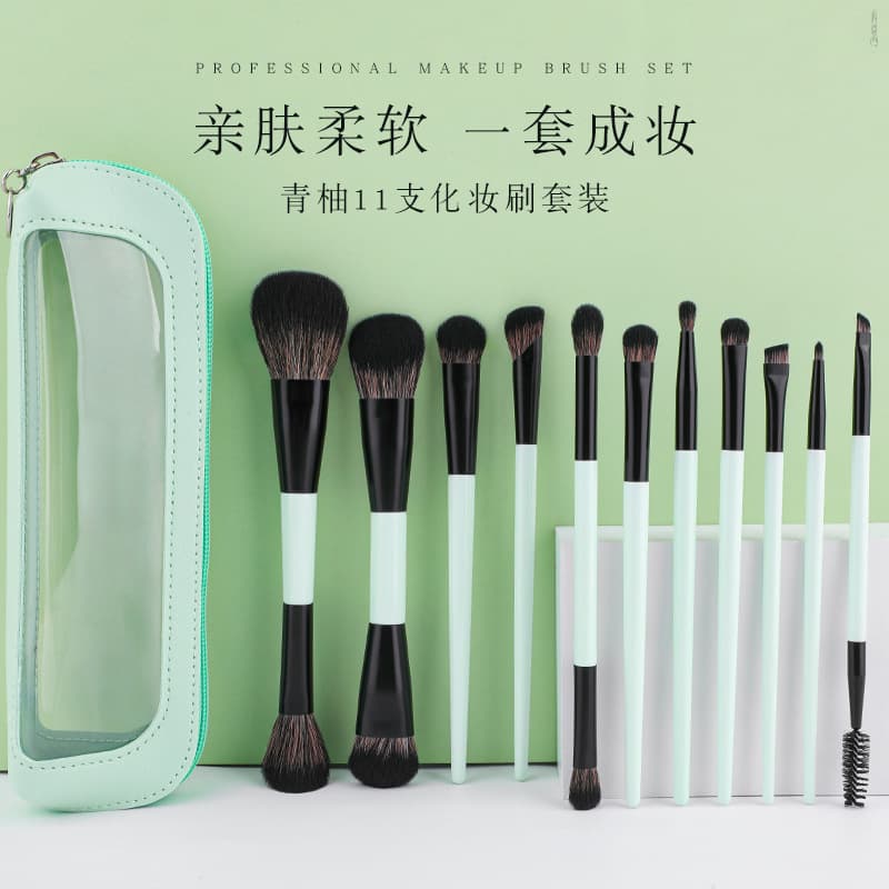 11 Pieces Green Pomelo Makeup Brush Set, Blush Brush, Loose Powder Brush, Eyeshadow Brush, Cangzhou Professional Beauty Tools with Brush Bag