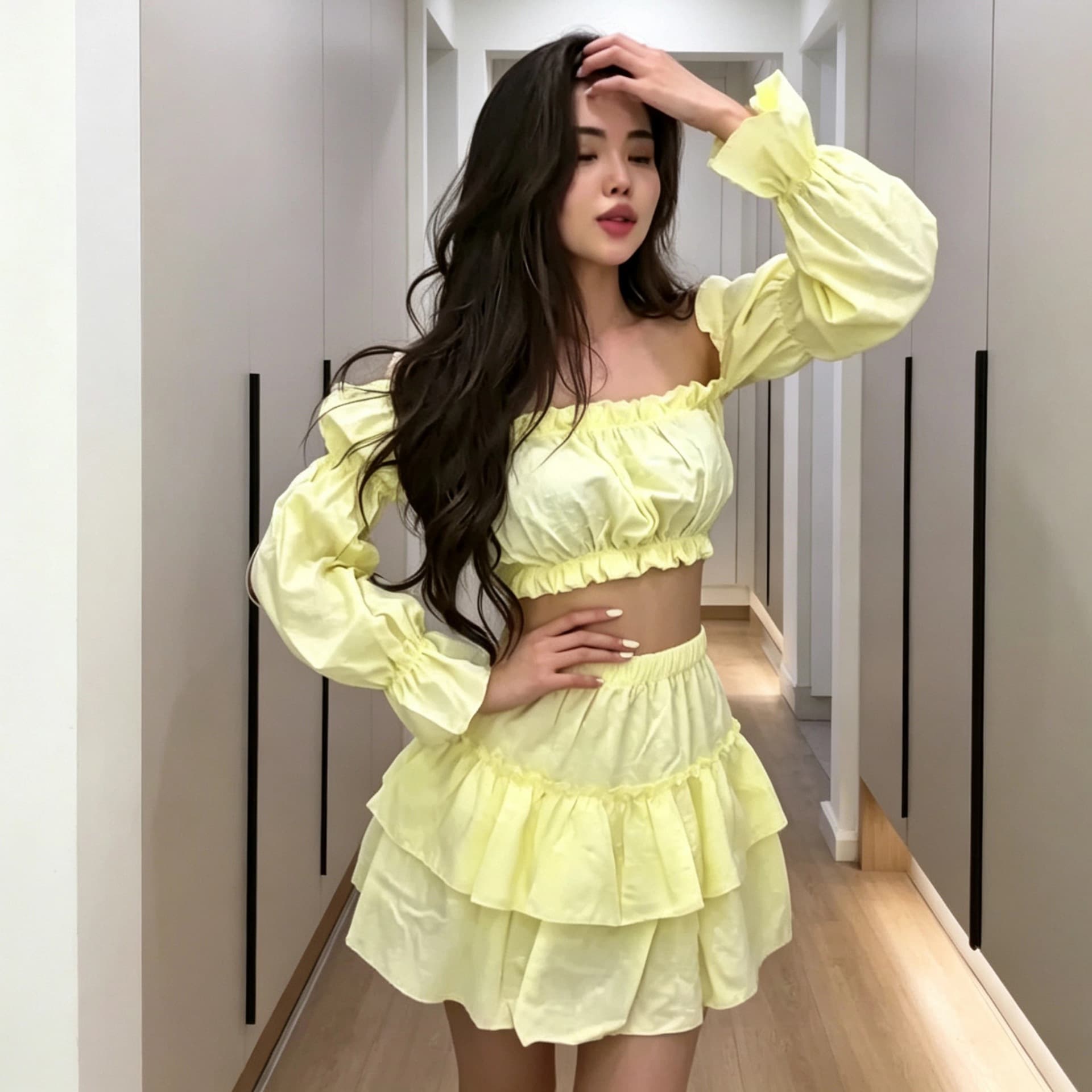 2026 Spring/Summer New European and American Amazon Cross-Border One-Shoulder Long-Sleeve Crop Top Mini Skirt Set