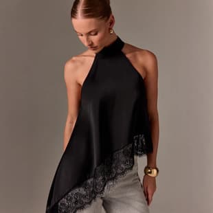 2026 Summer New Cross-Border Women's Sleeveless Lace Trim Patchwork Asymmetric Halterneck Satin T-Shirt Top