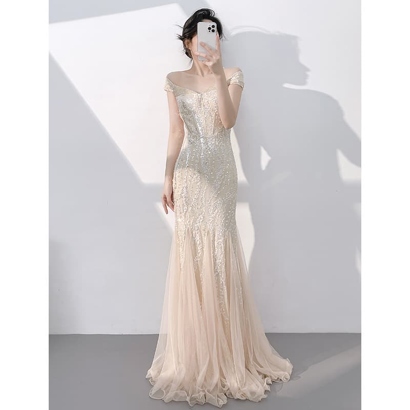 Champagne Evening Dress Women 2026 New Premium Elegant Host One-Shoulder Fishtail Sequin Long Gown