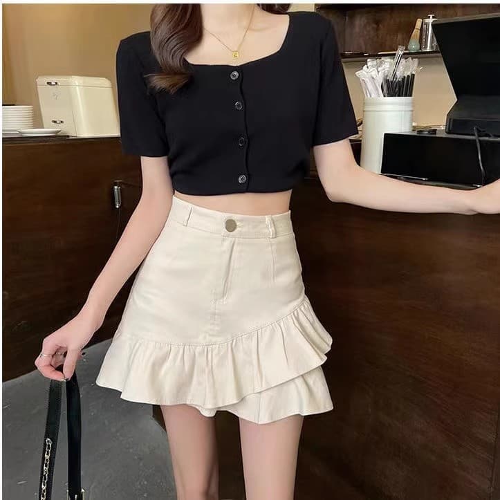 Khaki Denim Skirt Women 2025 New Spring Summer Petite A-Line Half Skirt Black White Ruffle Hem Skirt Pants