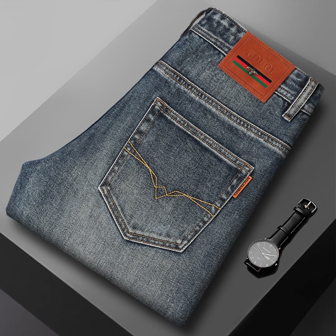 Little Bee Genuine Gouoi Jeans Men's Autumn and Winter Thick High-End Big Cow Stretch Slim Fit Small Leg Pants Wholesale