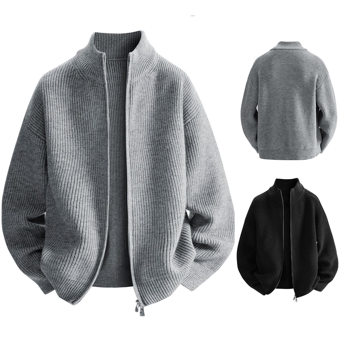 Cardigan Solid Color Zip-Up Knit Sweater Men's Autumn Winter Loose Fit Stand Collar Trendy Cross-Border Wholesale Drop Shipping