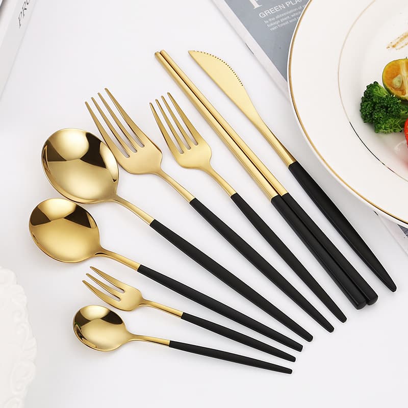 304 stainless steel knife, fork and spoon, Portuguese tableware, black gold steak knife and fork set, high-looking dessert spoon and fork