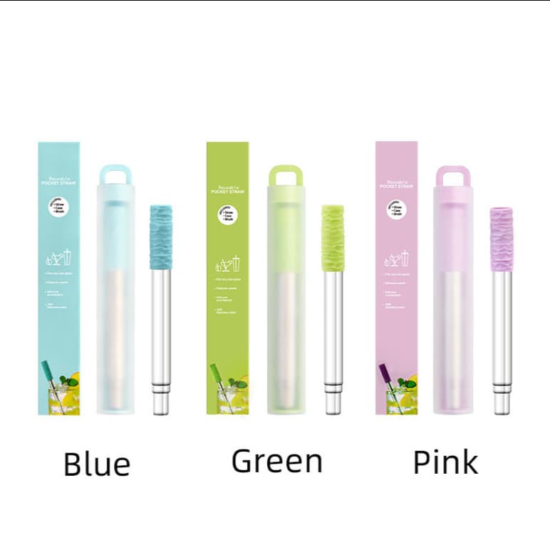 Portable Silicone Straw Set Food Grade 304 Stainless Steel Eco-Friendly Extendable Cleaning Brush Included Straight Tube