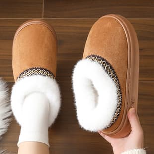 New Autumn Winter Lace Ethnic Style Fashion Fur-Trimmed Full-Wrap Cotton Shoes for Men and Women, Indoor and Outdoor Cotton Slippers