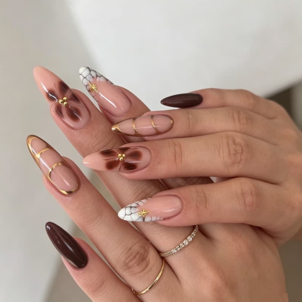 Cross-Border Foreign Trade Hot-Selling Vintage French-Style Crocodile Pattern Exquisite Floral Gold Bead Almond-Shaped Nails European and American Style Ready-To-Wear Nails