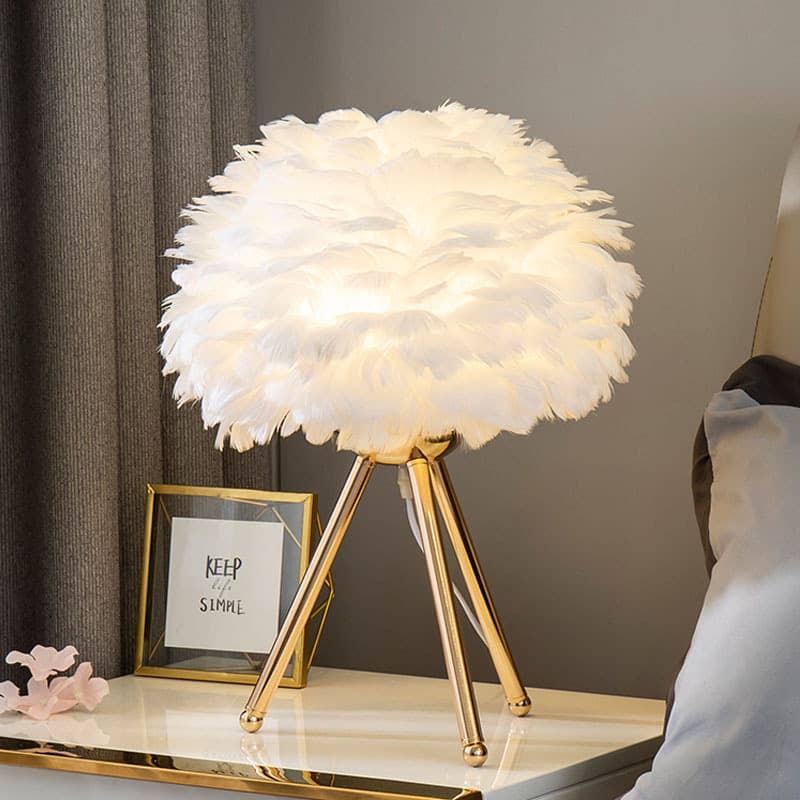 New Feather Dimmable Table Lamp, Ins Nordic Bedroom Decorative Light, Gold Bedroom LED Lamp, Factory Direct Dimmable