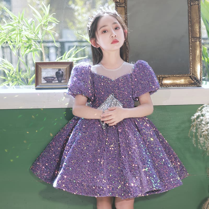 Purple Sequin Girls' Dress, Light Luxury Niche French Style Children's Birthday Princess Dress, Host, Child Model, Runway Performance
