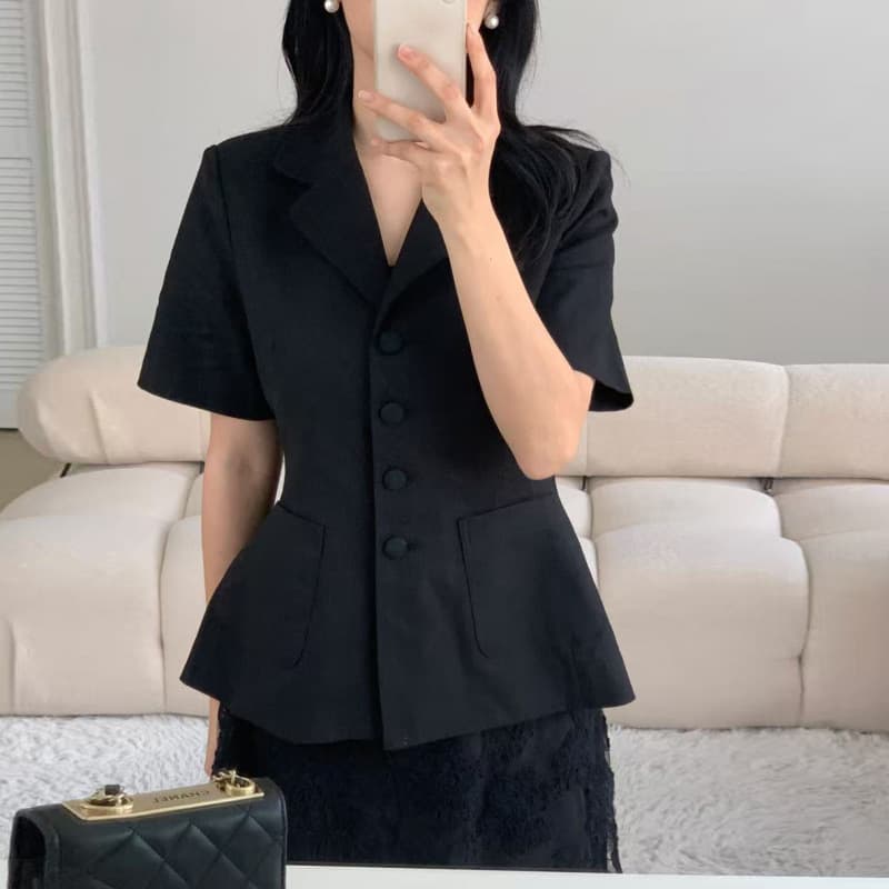 Korean chic summer simple retro elegant suit collar single-breasted waist slimming short-sleeved suit thin coat for women