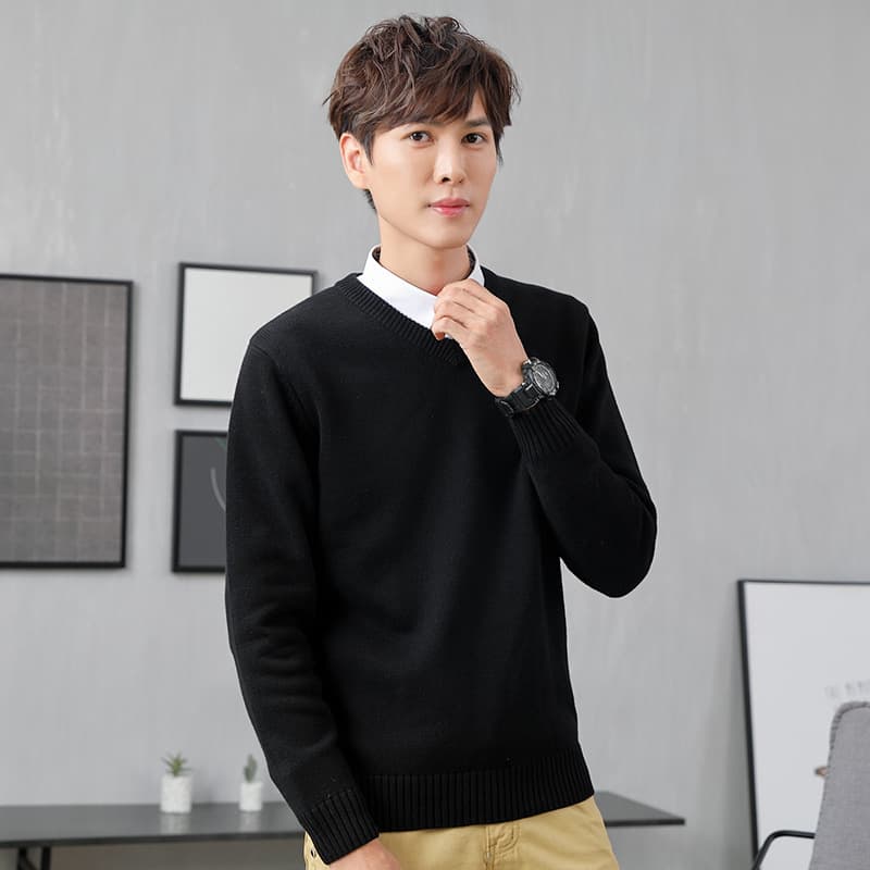 Men's V-Neck Pullover Autumn/Winter New Style Youth Student Long Sleeve Solid Color Korean Casual Business Base Layer Knit