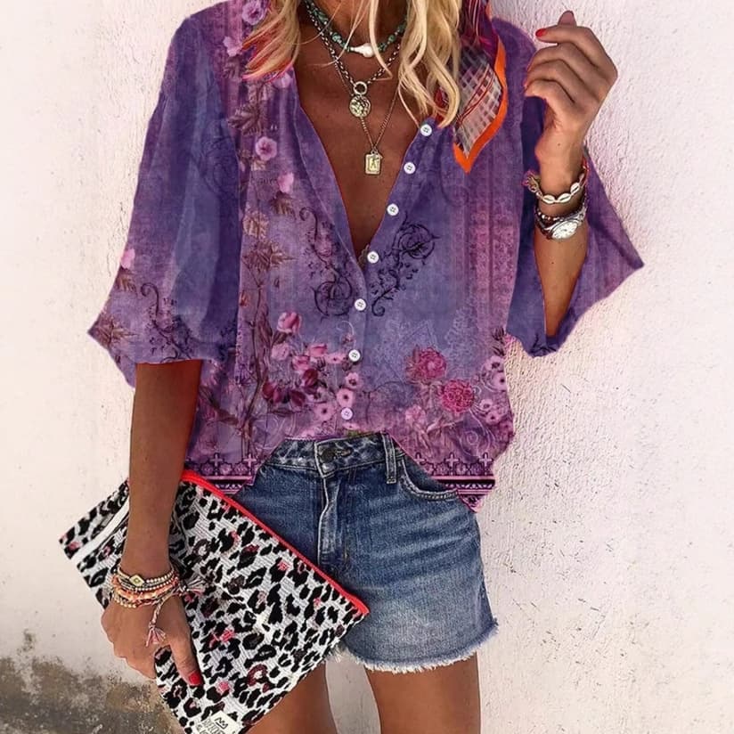 Western Ethnic Geometric Print Three-Quarter Sleeve Blouse for Women, European and American Cross-Border Vacation Style