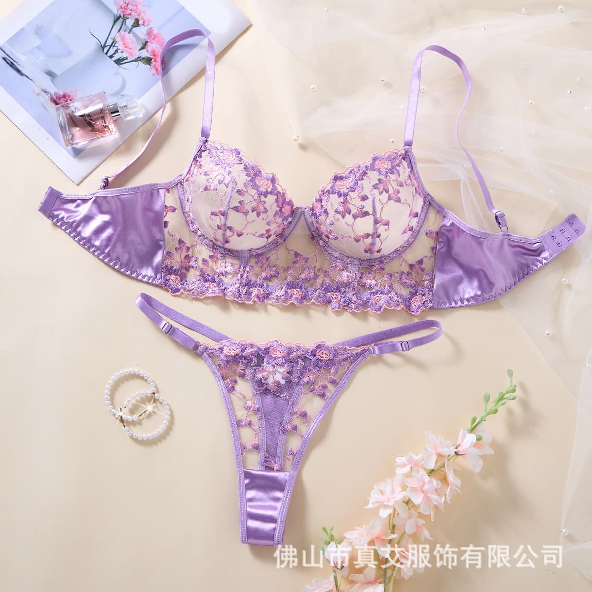 Wholesale Sexy Purple Lingerie Set: Bra and Thong with Sheer Mesh, Sensual and Alluring