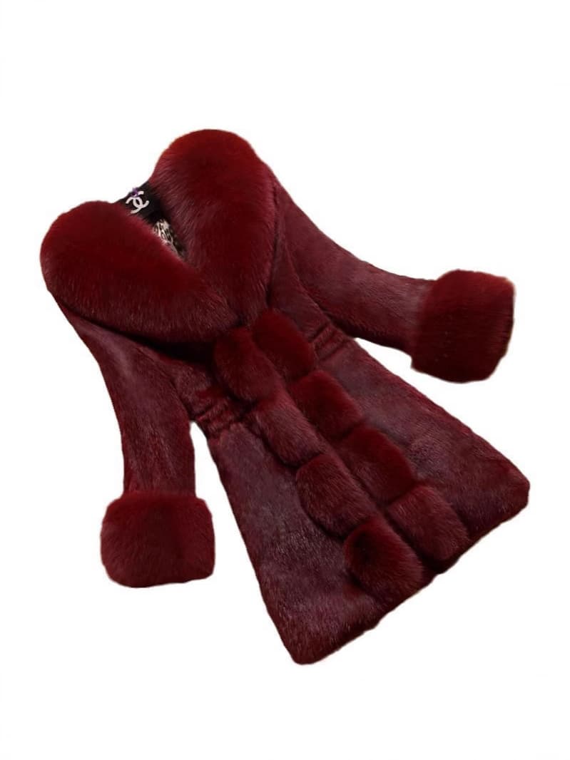 2024 Autumn/Winter New Women's Mid-Length Faux Mink Fur Coat with Faux Rabbit and Fox Fur Collar, Plus Size Slim Fit
