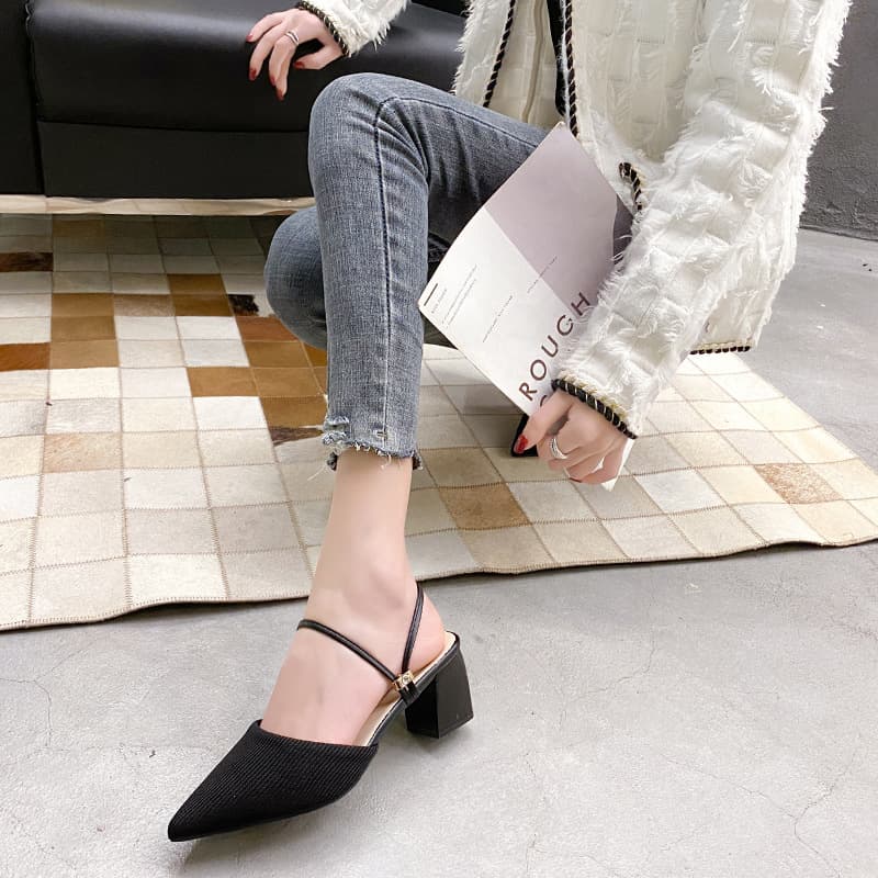 Pointed Toe Closed Front Mid Heel Chunky Heel Slide Sandals for Women Summer 2025 New Style with Fabric Strap, Comfortable for Outdoor Wear