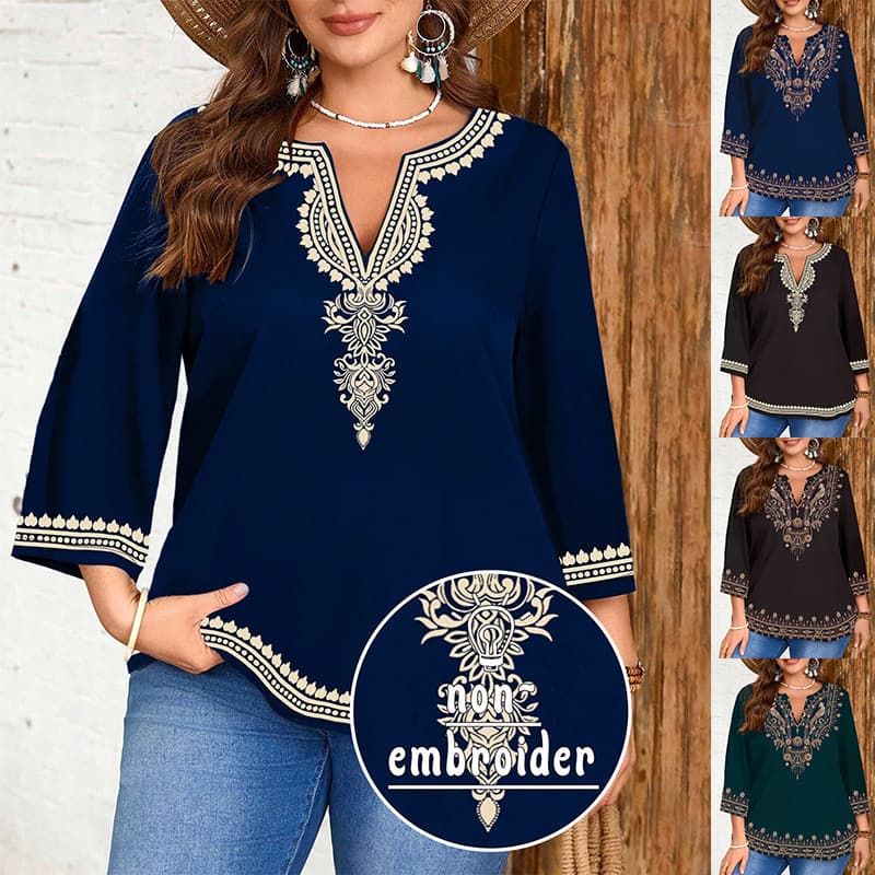 Independent station Amazon 2025 cross-border ethnic style retro print summer casual tops short-sleeved T-shirt v-neck hot style