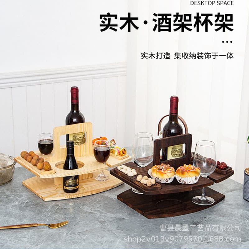 Ready Stock Wooden Wine Carrier, Outdoor Picnic Table with Detachable Fruit Tray and Glass Holder, Portable Wine Caddy