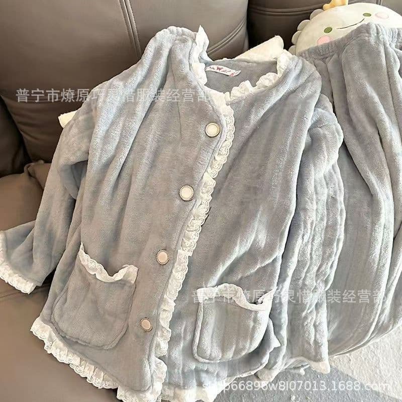 Coral Fleece Pajamas for Women Winter Princess Style Jacquard Flannel Velvet Loungewear