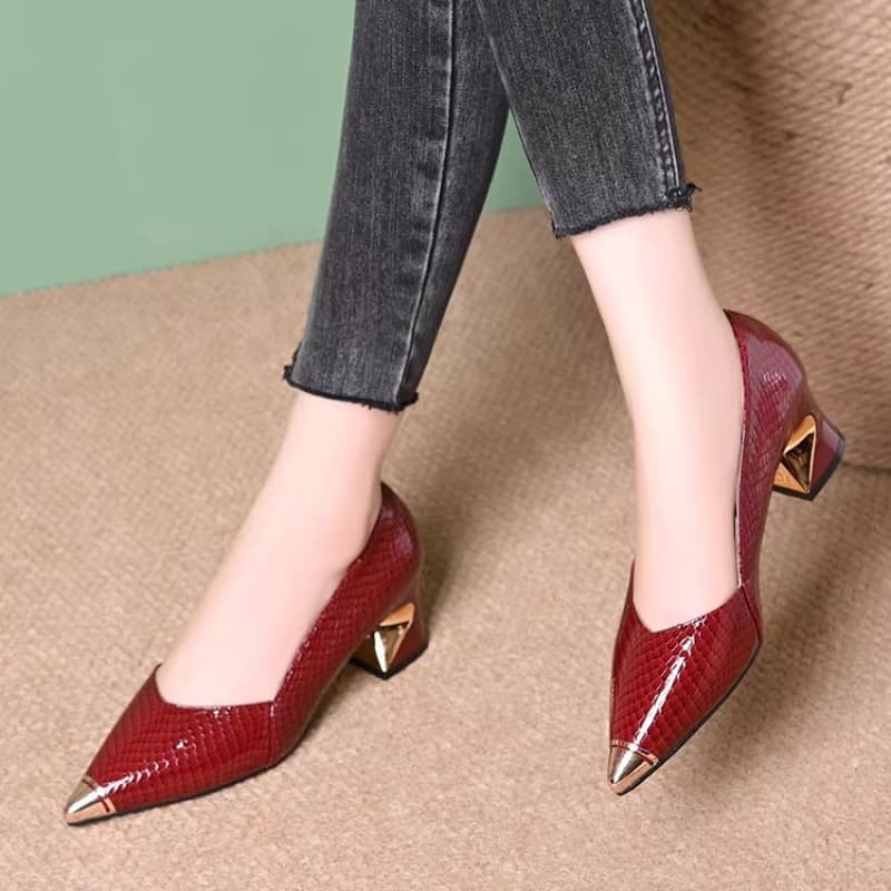 Leather French High Heels Women 2026 New Pointed Toe Chunky Heel Shallow Mouth Elegant Socialite Style Metal Toe Single Shoes