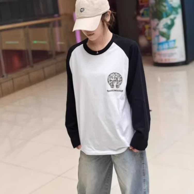Authentic CH 26ss Cross-border Classic Two-tone Patchwork Round Neck Long Sleeve T-Shirt for Men and Women In Stock Real Photo