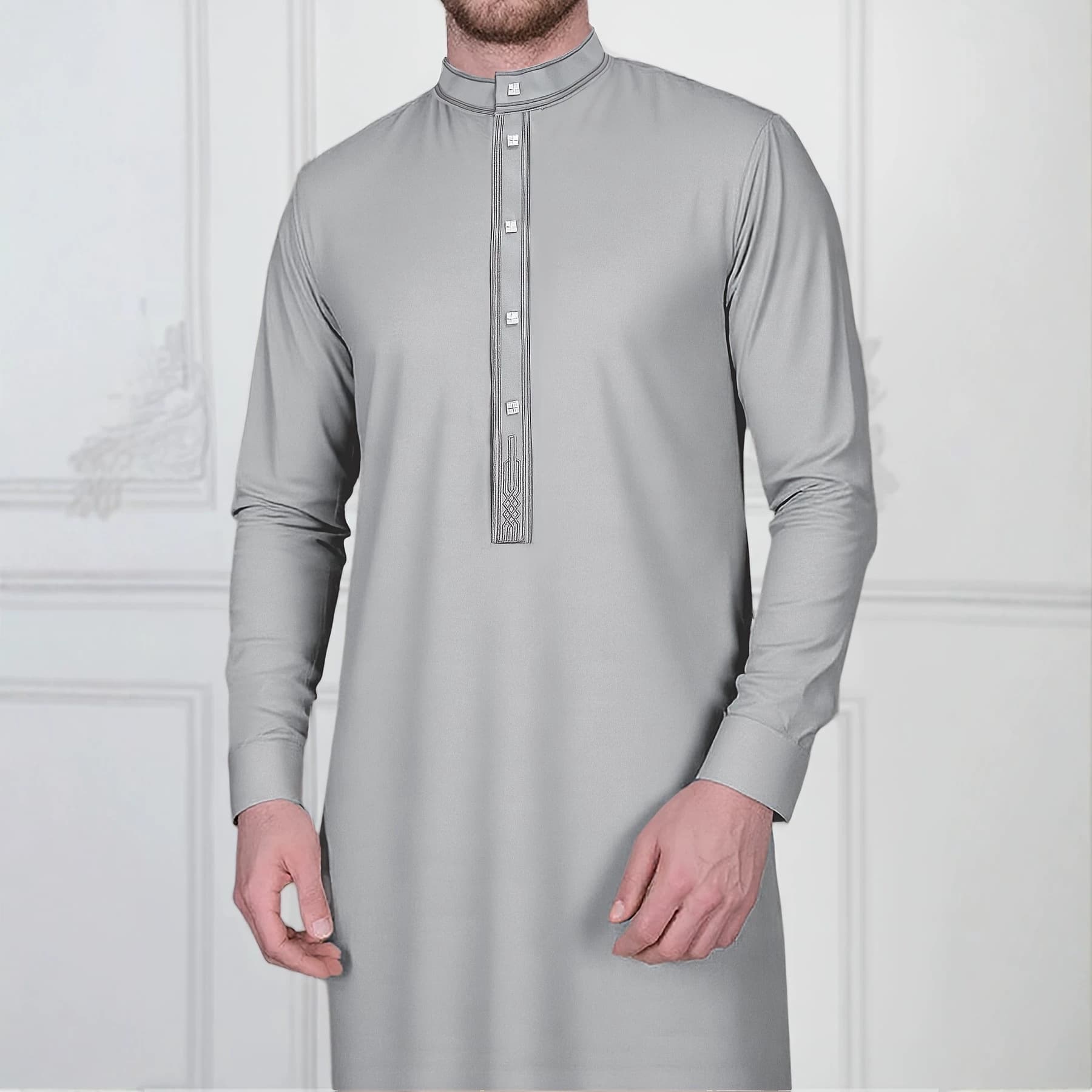 Cross-border new men's hooded robe long-sleeved fashionable embroidered men's stand-up collar single-breasted multi-button tunic special robe