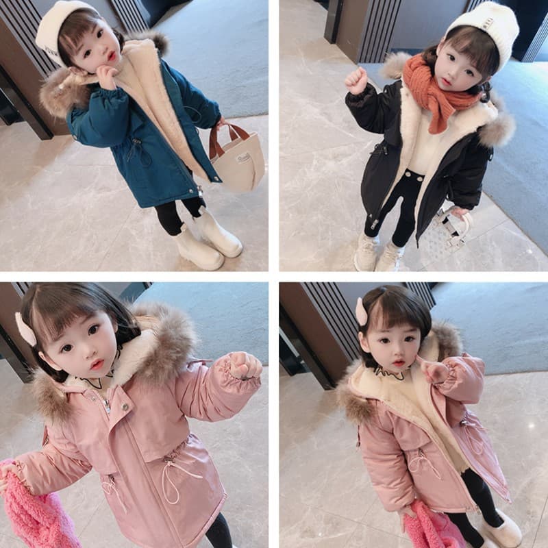 Girls Winter Cotton Jacket Coat Thickened Fleece Lined Hooded Parka Korean Style Children's Trendy Coat with Fur Trim