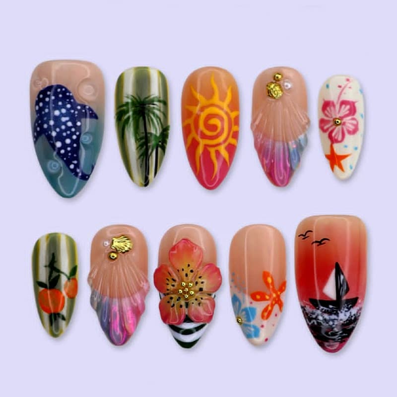 Cross-border nails blue whale almond-shaped wear nails summer French pressonnails fake nails