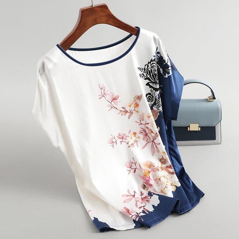 Foreign Trade Cross-border 2025 Summer New Style Ice Silk Positioning Print T-shirt Loose Belly Cover Plus Size Base Shirt Women