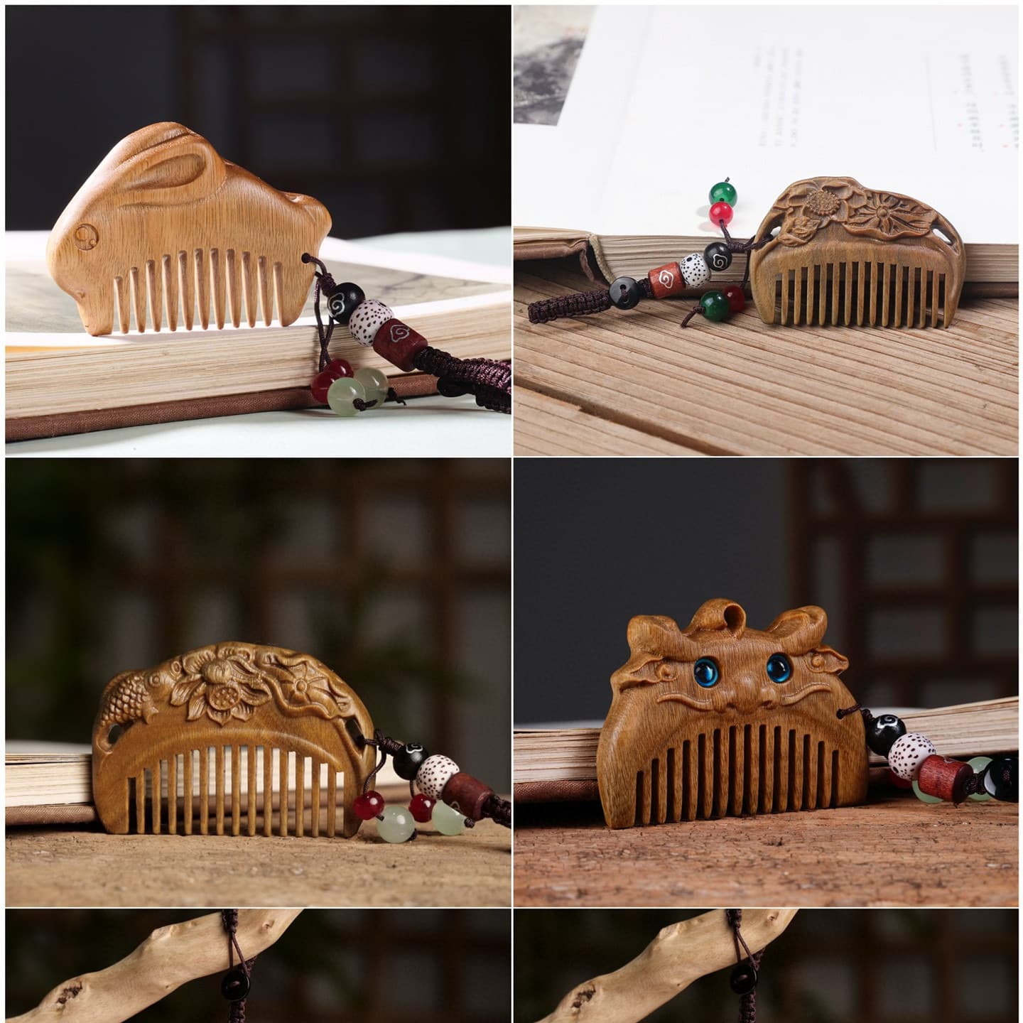 Green sandalwood carved meridian massage comb, wooden collectible, women's antique style portable pocket comb, tourist attraction collectible.