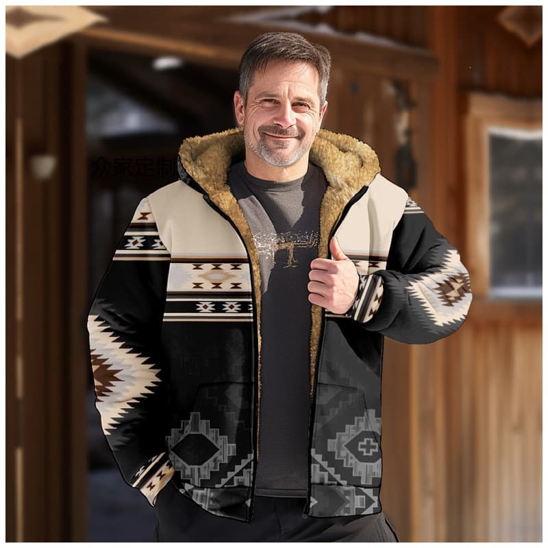 European and American cross-border bohemian style 5-element 3D printing digital printing hooded sweatshirt brown lining cotton jacket