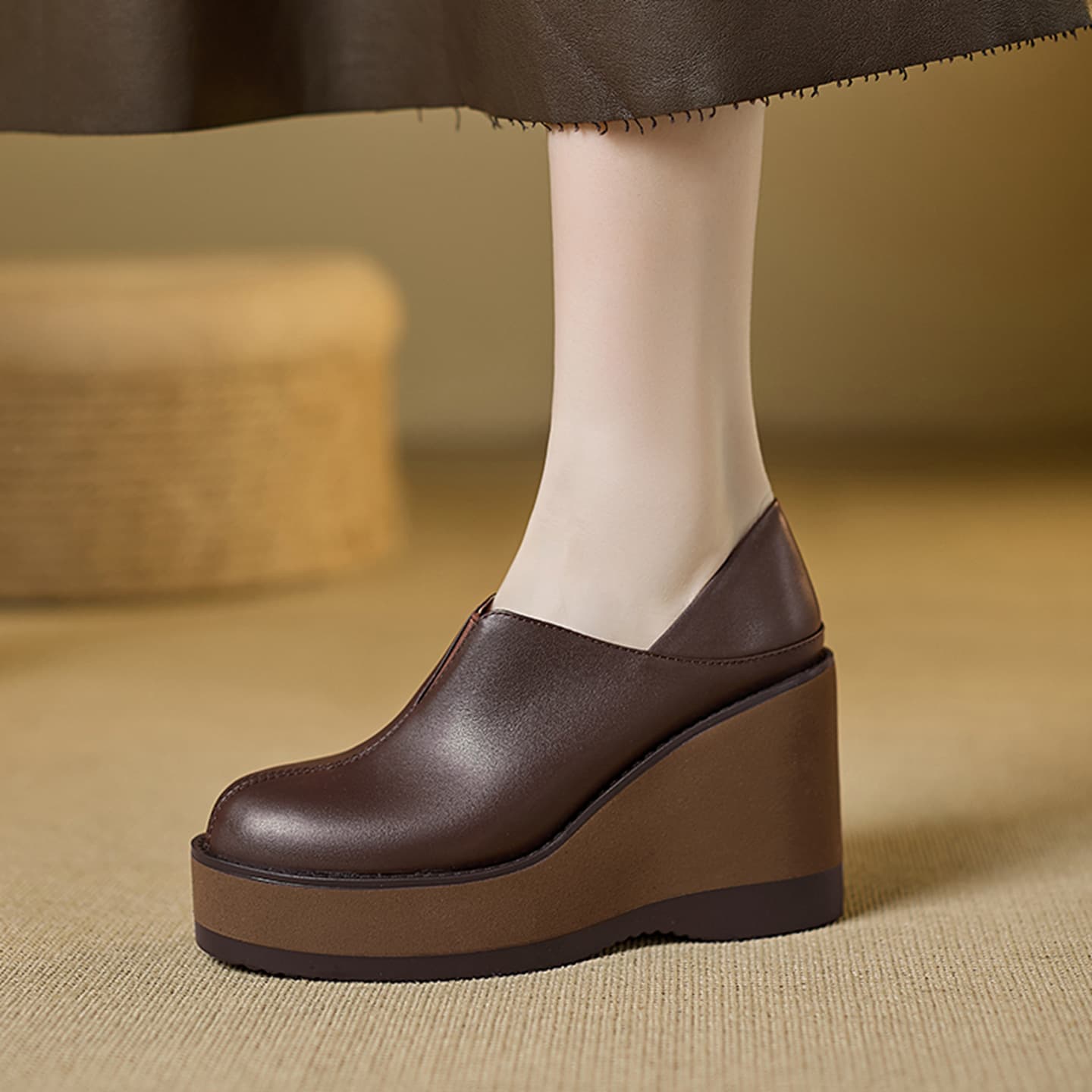 9cm High Heels 2026 Spring/Autumn Platform Shoes for Women Thick Sole Suede Vintage Leather Oxfords Wedge Heel Deep Mouth Flats