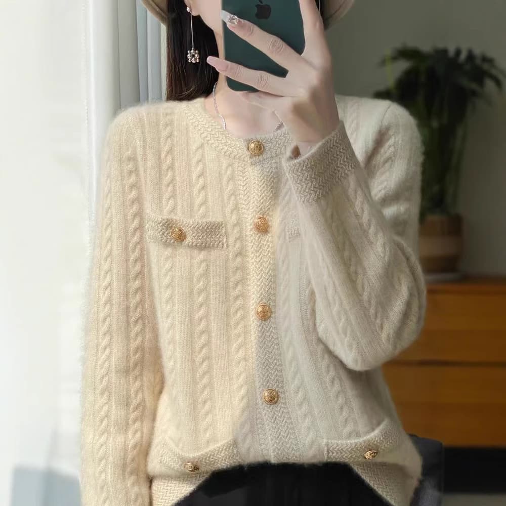 Wholesale Little Fragrance Style Wool Cardigan Women's Autumn/Winter New Style Knitted Cable Sweater Coat Versatile Four Pockets Base Layer Top