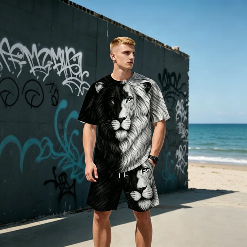 2026 New Casual Sports Short Sleeve T-Shirt for Men Summer New Gradient Letter Round Neck T-Shirt and Shorts Set